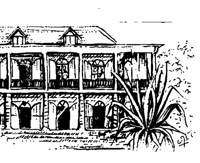 Illustration of Le Château de Bel Ombre, a colonial-style mansion surrounded by tropical vegetation
