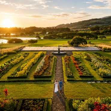 couple marchant dans le jardin Château Bel Ombre pour la photographie avec un coucher soleil spectaculaire