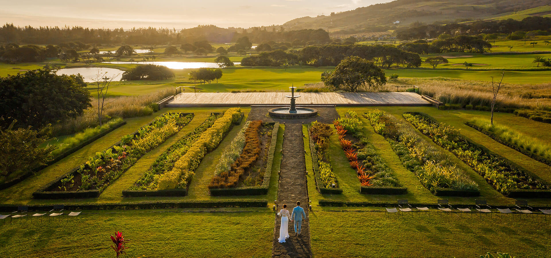 Aerial view of a sunset wedding at Le Château de Bel Ombre